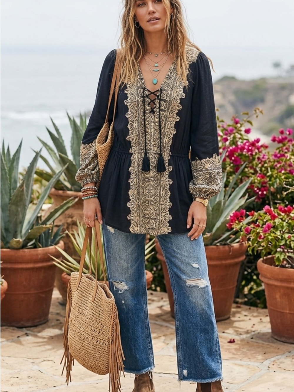 Free People‎ Black Tunic top mini dress with Cream Embroidered Trim M boho
